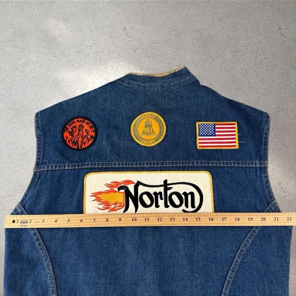 Vintage 70s Gauchos Denim Biker Vest Norton Motorcycle Patches Hippie Union Made - Picture 6 of 7